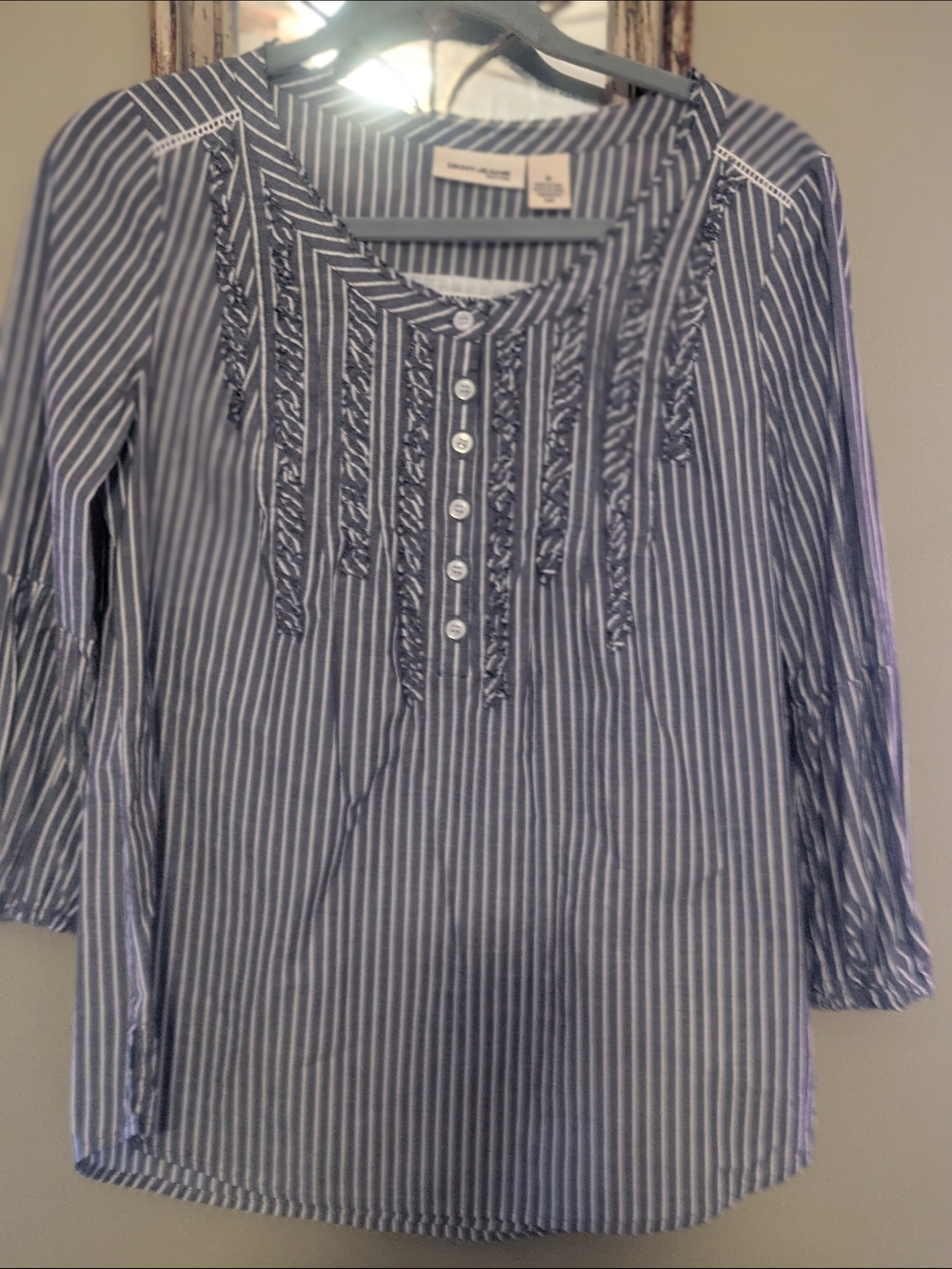 DKNY Blue and White Striped Button-Front Peasant Top